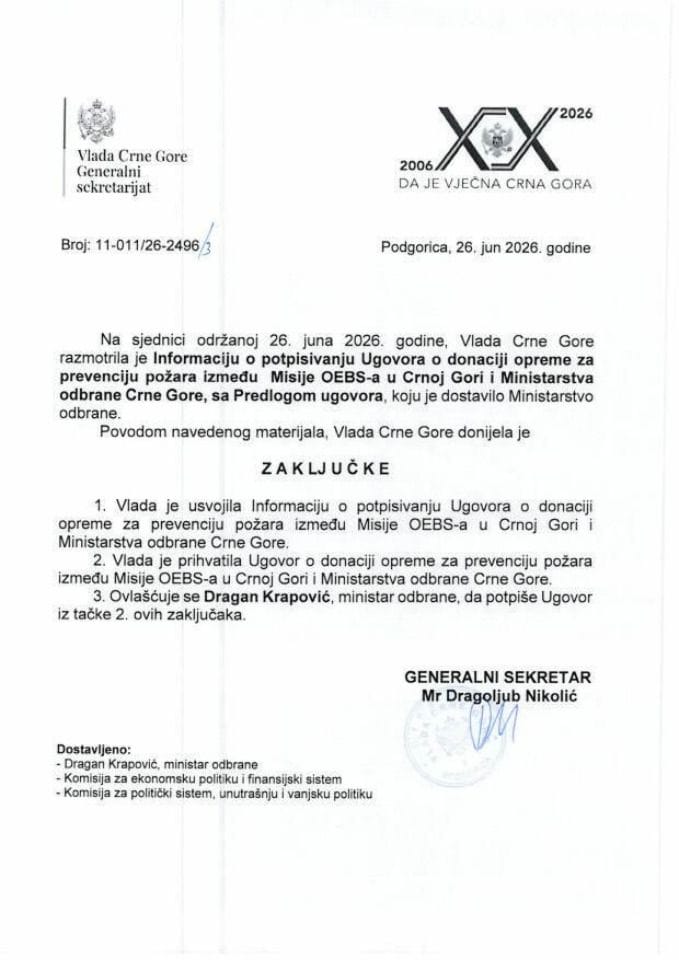 Информација о потписивању Уговора о донацији опреме за превенцију пожара између Мисије ОЕБС-а у Црној Гори и Министарства одбране Црне Горе, са Предлогом уговора - Закључци