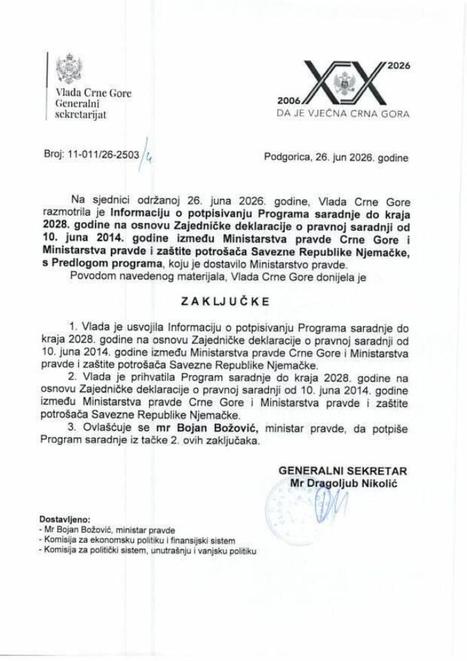 Информација о потписивању Програма сарадње до краја 2028. године на основу Заједничке декларације о правној сарадњи од 10. јуна 2014. године између Министарства правде Црне Горе и Министарства правде и заштите потрошача СР Њемачке - Закључци