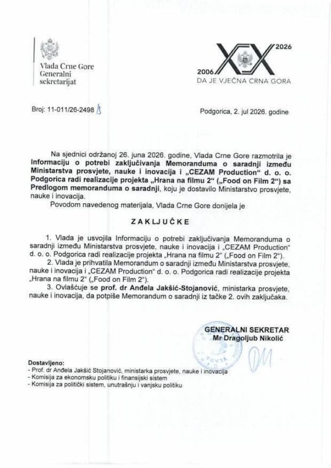 Информација о потреби закључивања Меморандума о сарадњи између Министарства просвјете, науке и иновација и „CEZAM Production“ доо Подгорица ради реализације пројекта „Храна на филму 2“ (Food on Film 2) - Закључци