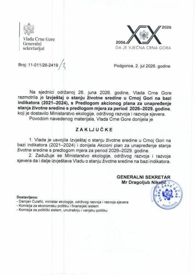 Извјештај о стању животне средине у Црној Гори на бази индикатора (2021-2024) с Предлогом акционог плана за унапређење стања животне средине са предлогом мјера за период 2026-2029. година - Закључци