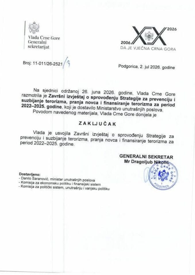 Завршни извјештај о спровођењу Стратегије за превенцију и сузбијање тероризма, прања новца и финансирање тероризма за период 2022-2025. године - Закључци