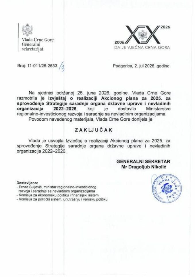 Извјештај о реализацији Акционог плана за 2025. за спровођење Стратегије сарадње органа државне управе и невладиних организација 2022-2026. - Закључци