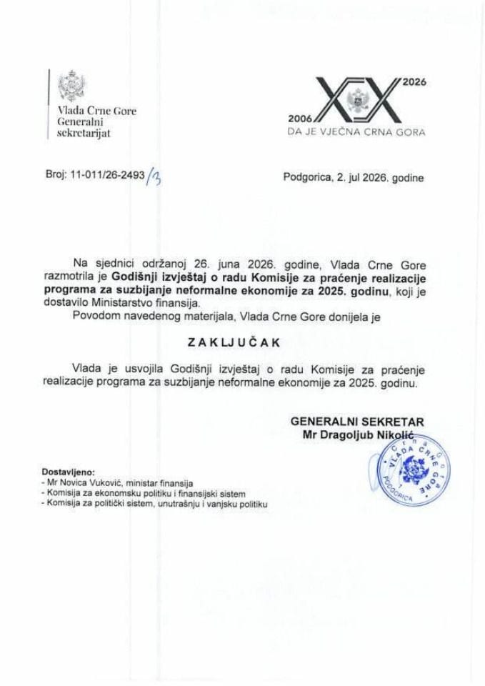 Годишњи извјештај о раду Комисије за праћење реализације Програма за сузбијање неформалне економије за 2025. годину - Закључци