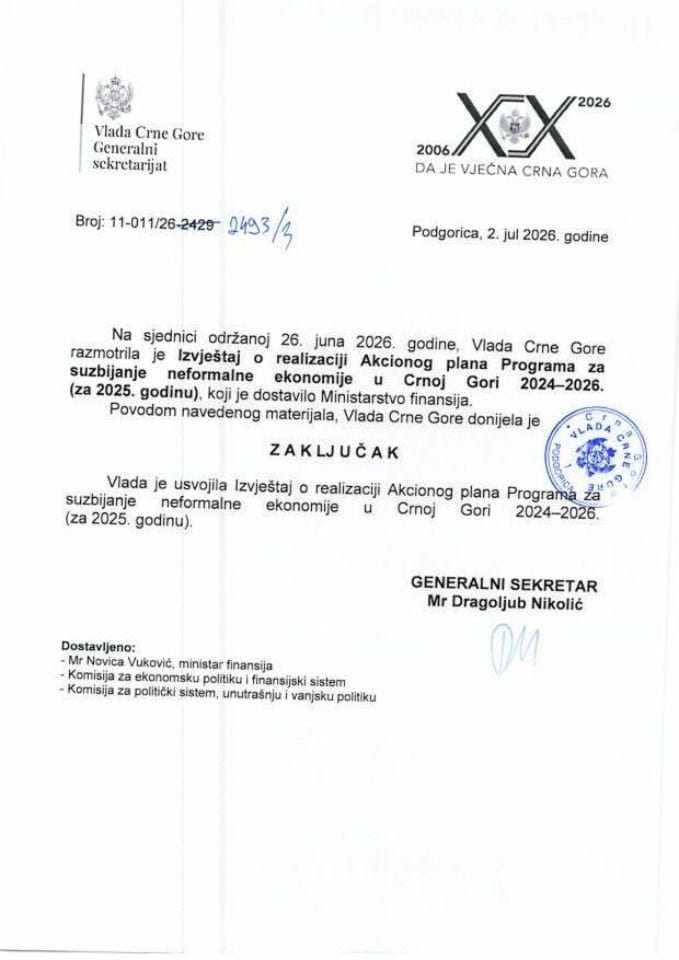 Извјештај о реализацији Акционог плана Програма за сузбијање неформалне економије у Црној Гори 2024-2026. (за 2025. годину) - Закључци