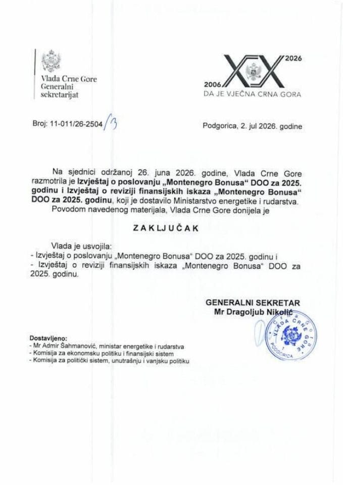 Извјештај о пословању „Montenegro Bonus-а“ ДОО за 2025. годину и Извјештај о ревизији финансијских исказа „Montenegro Bonus-а“ ДОО за 2025. годину - Закључци