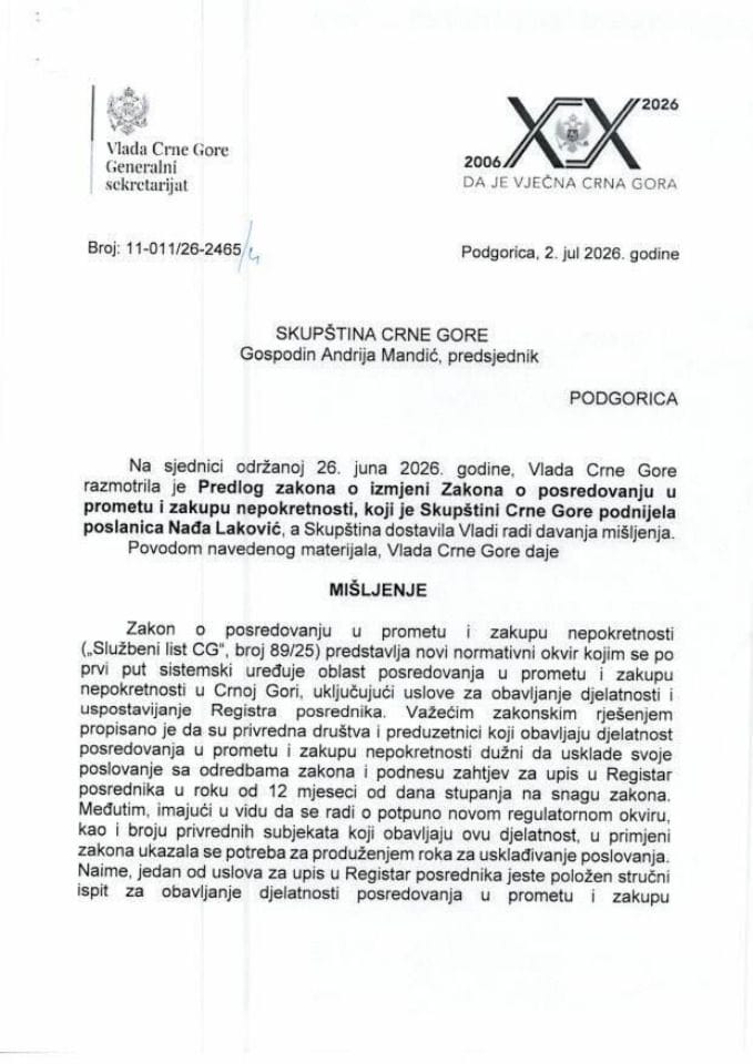 Предлог мишљења на Предлог закона о измјени Закона о посредовању у промету и закупу непокретности (предлагач посланица Скупштине Црне Горе Нађа Лаковић) - Закључци
