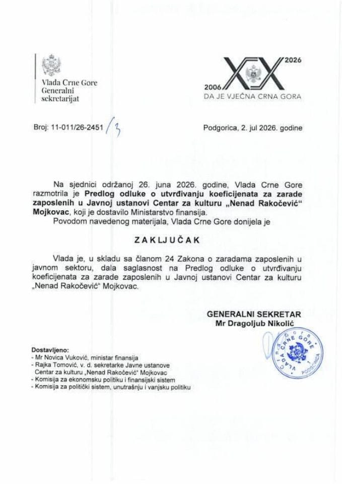 Предлог одлуке о утврђивању коефицијената за зараде запослених у Јавној установи Центар за културу „Ненад Ракочевић“ Мојковац - Закључци