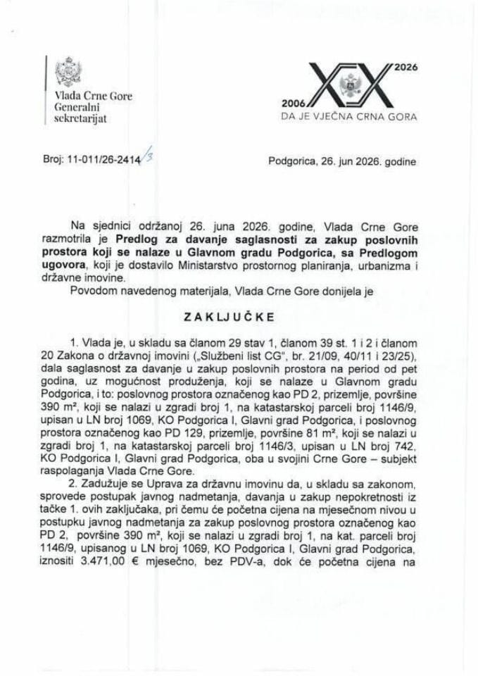 Предлог за давање сагласности за закуп пословних простора који се налазе у Главном граду Подгорица са Предлогом уговора - Закључци