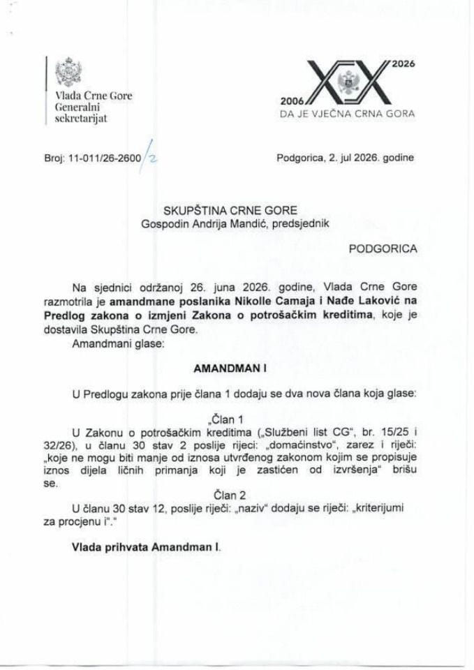 Предлог мишљења на амандмане на Предлог закона о измјени Закона о потрошачким кредитима (предлагачи посланици Скупштине Nikolla Camaj и Надја Лаковић) - Закључци