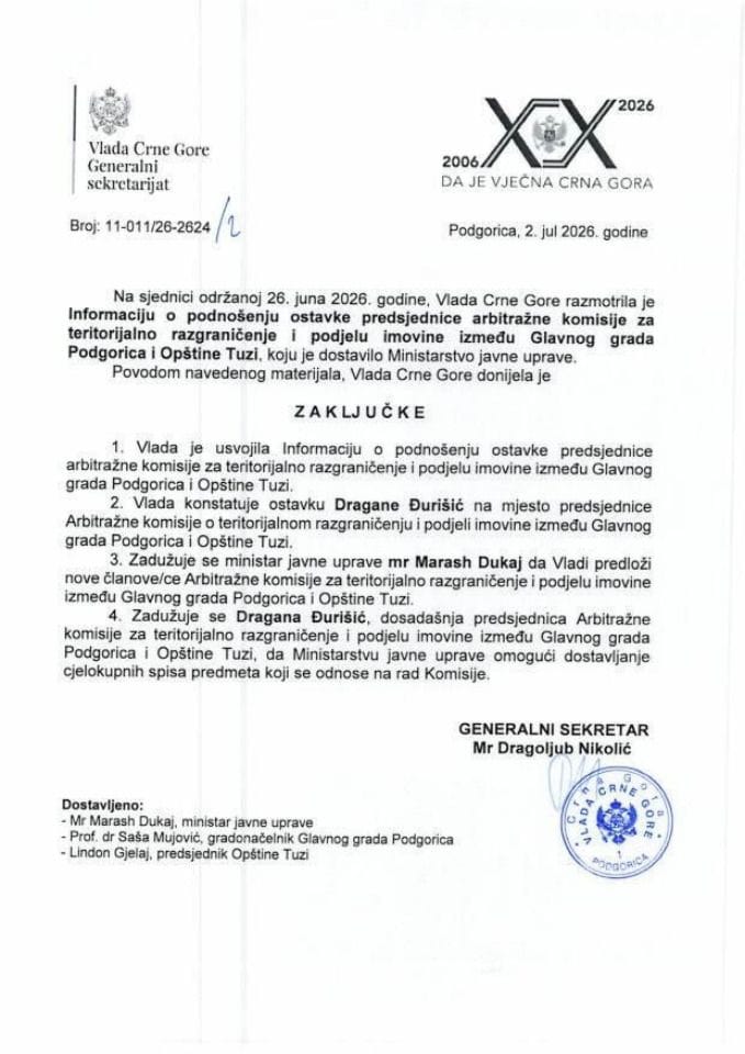 Информација о подношењу оставке предсједнице арбитражне комсије за територијално разграничење и подјелу имовине између Главног града Подгорица и Општине Тузи - Закључци