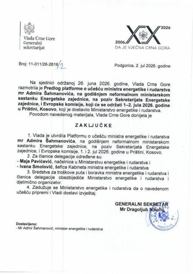 Предлог платформе о учешћу министра енергетике и рударства мр Адмира Шахмановића на годишњем неформалном министарском састанку Енергетске заједнице, на позив Секретаријата Енергетске заједнице, и Европске комисије - Закључци