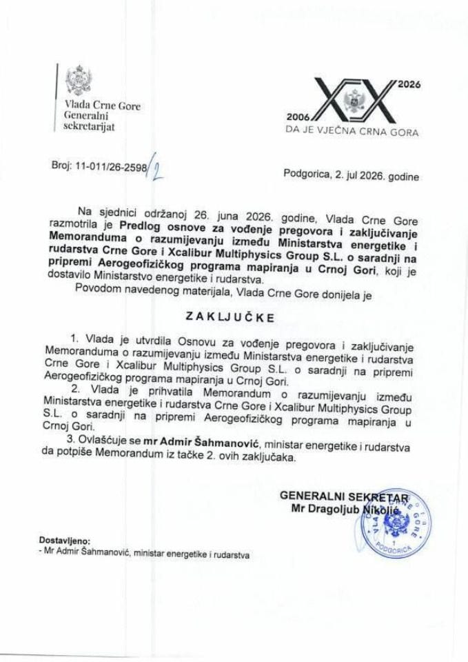 Предлог основе за вођење преговора и закључивање Меморандума о разумијевању између Министарства енергетике и рударства Црне Горе и Xcalibur Multiphysics Group S.L. о сарадњи на припреми Аерогеофизичког програма мапирања у ЦГ- Закључци