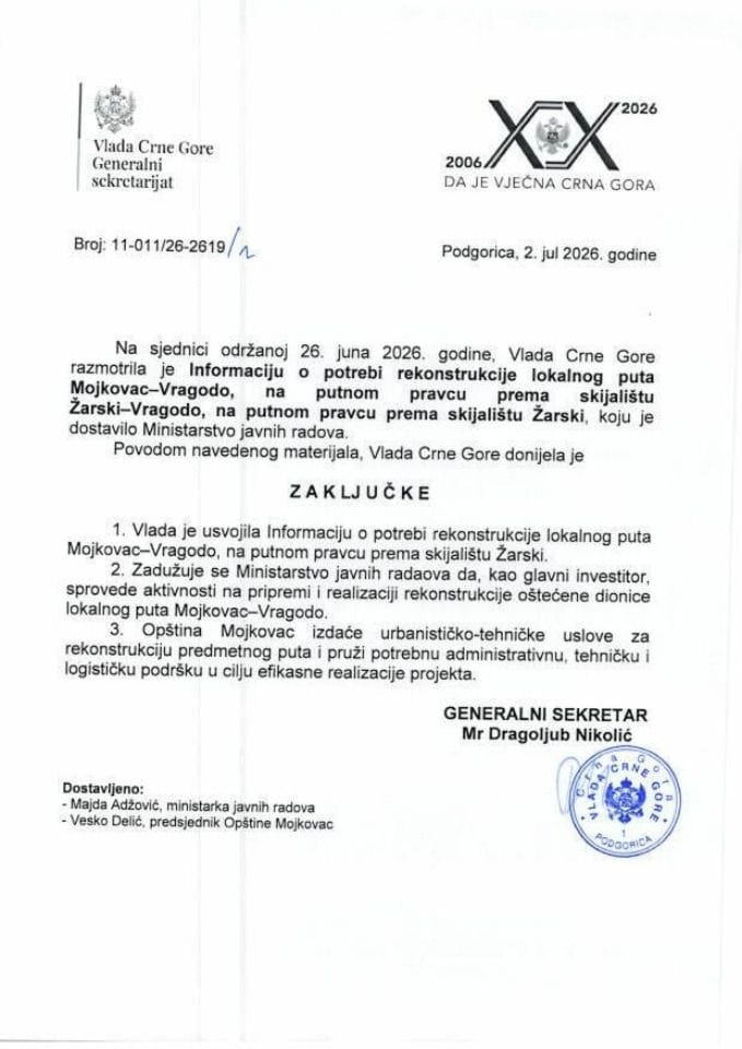 Информација о потреби реконструкције локалног пута Мојковац–Врагодо, на путном правцу према скијалишту Жарски - Закључци