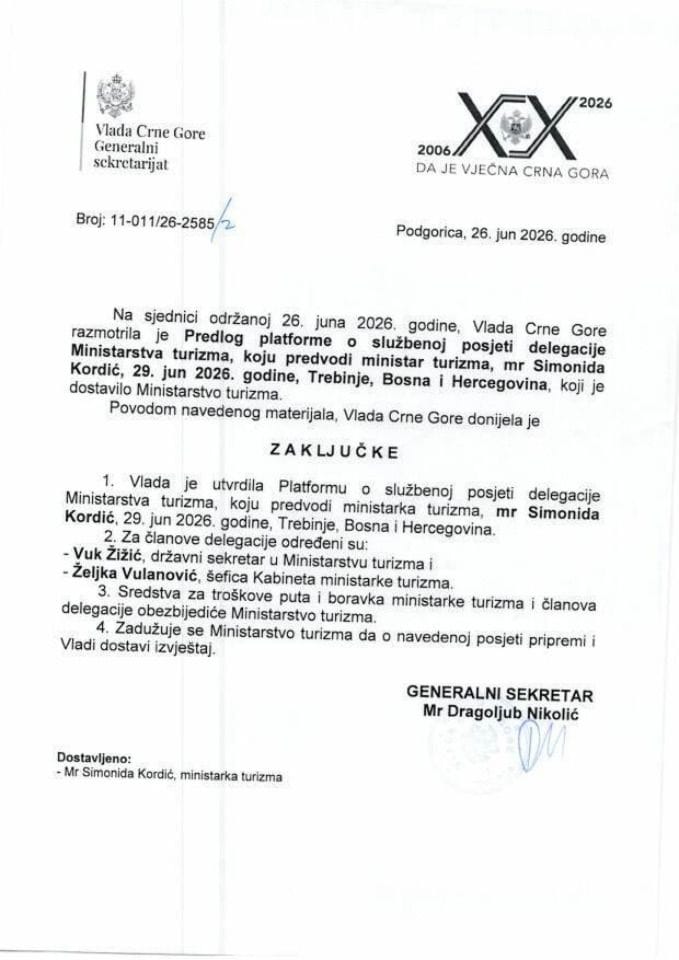 Предлог платформе о службеној посјети делегације Министарства туризма, коју предводи министар туризма, мр Симонида Кордић, 29. јун 2026. године, Требиње, Босна и Херцеговина - Закључци