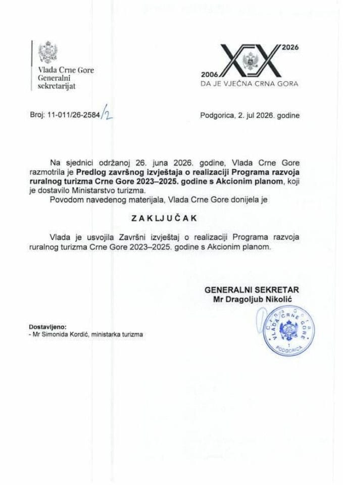 Предлог завршног извјештаја о реализацији Програма развоја руралног туризма Црне Горе 2023-2025. године с Акционим планом  -Закључци