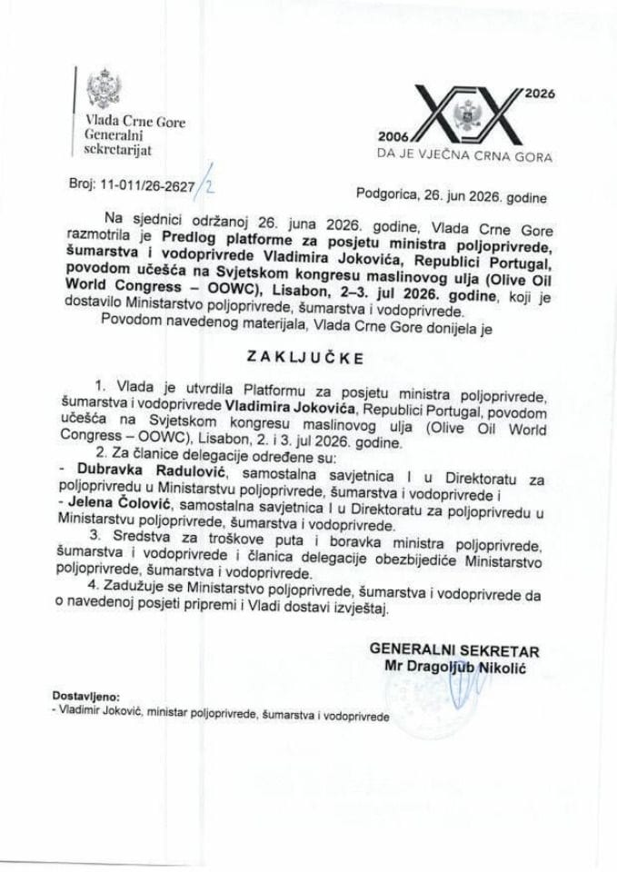 Предлог Платформе за посјету министра пољопривреде, шумарства и водопривреде Владимира Јоковића Републици Португал, поводом учешћа на Свјетском конгресу маслиновог уља - Закључци