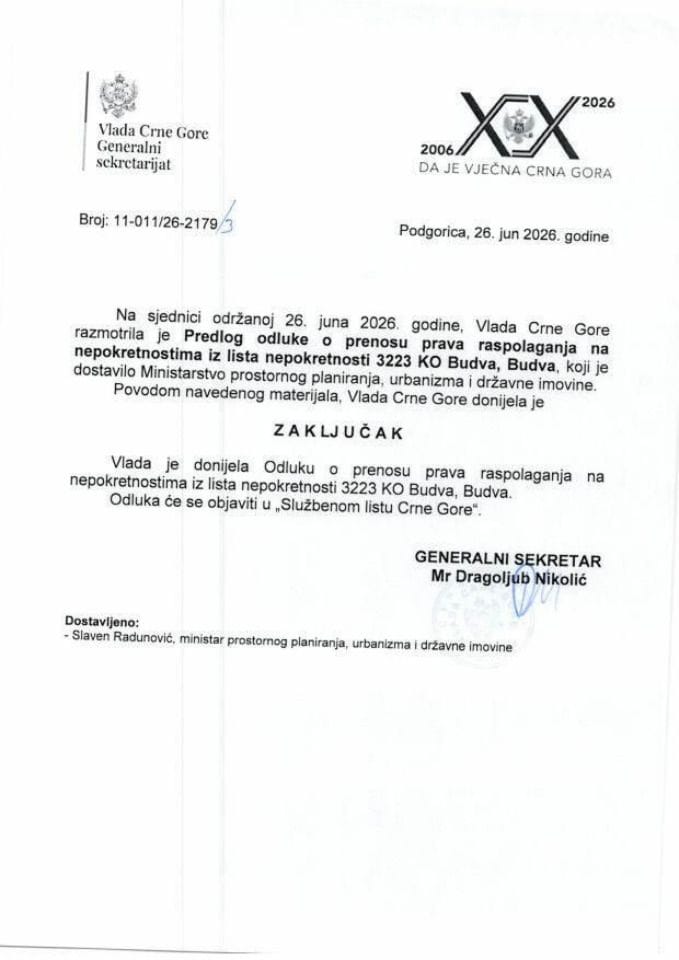 Предлог одлуке о преносу права располагања на непокретностима из листа непокретности 3223 КО Будва, Будва - Закључци