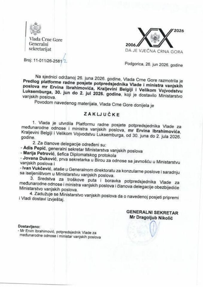 Предлог платформе радне посјете потпредсједника Владе и министра вањских послова мр Ервина Ибрахимовића Краљевини Белгији и Великом Војводству Луксембурга, 30. јун до 2. јул 2026. године - Закључци