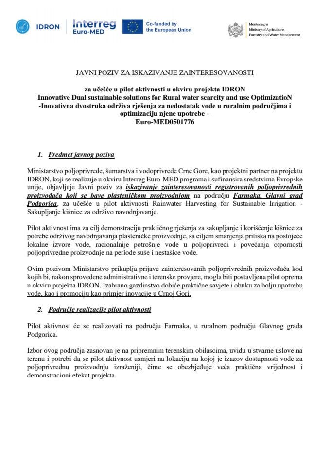 JAVNI POZIV ZA ISKAZIVANJE ZAINTERESOVANOSTI - IDRON