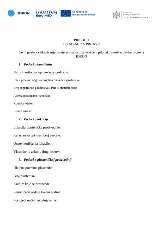Prilog I - Obrazac za prijavu IDRON projekat