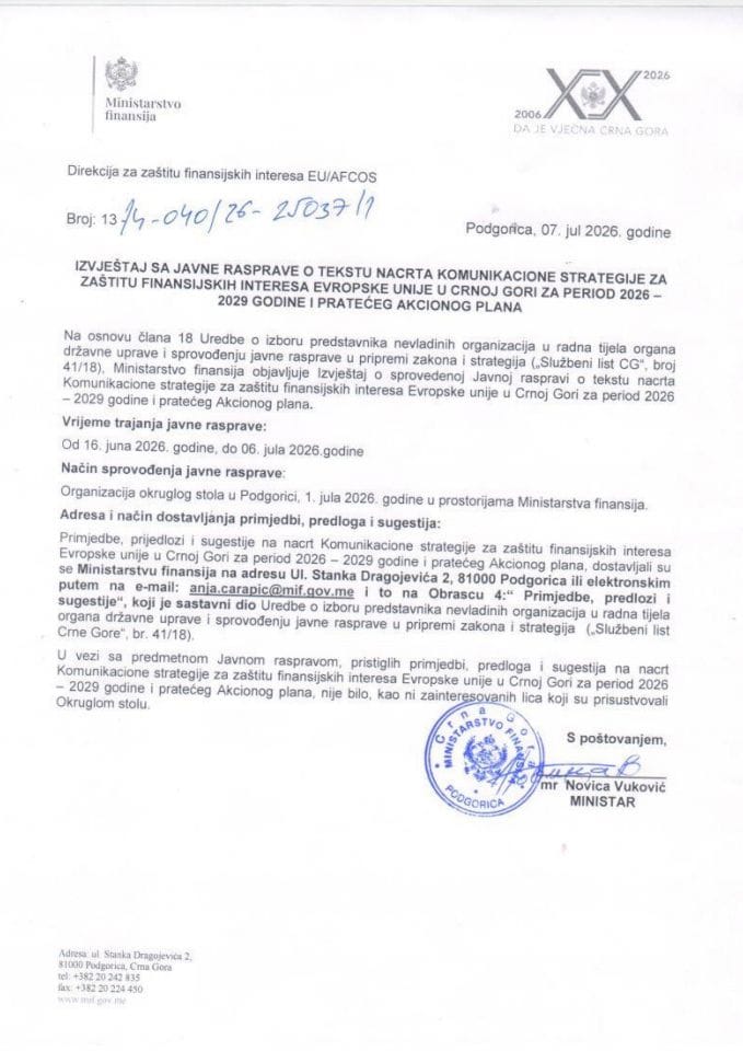 Izvještaj sa javne rasprave o tekstu Nacrta Komunikacione strategije za zaštitu finansijskih interesa Evropske Unije u Crnoj Gori za period 2026-2029. godine i pratećeg Akcionog plana