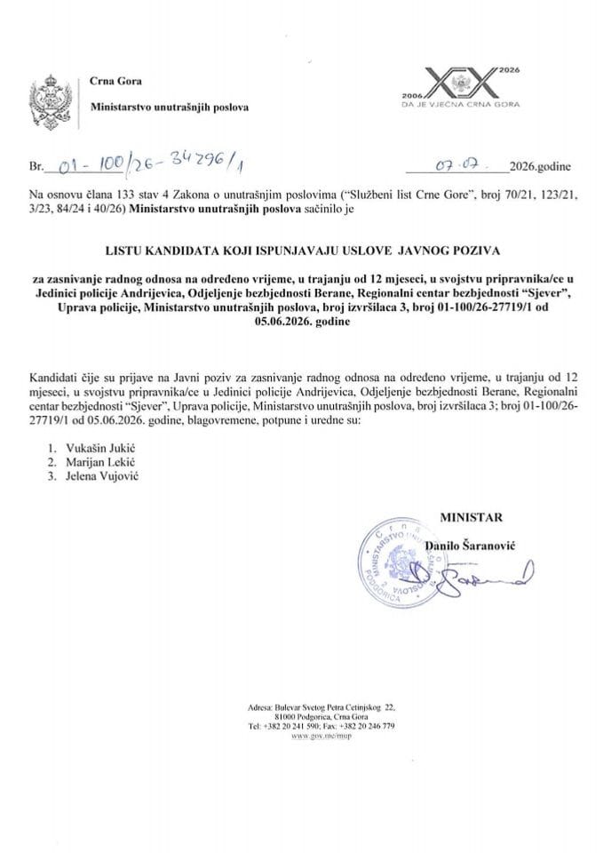 Lista kandidata koji ispunjavaju uslove javnog poziva za zasnivanje radnog odnosa na određeno vrijeme u trajanju od 12 mjeseci u svojstvu pripravnika/ce u Jedinici policije Andrijevica