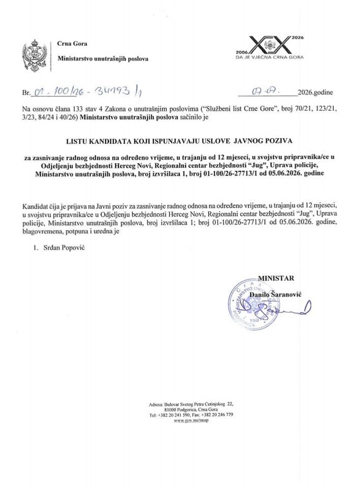 Lista kandidata koji ispunjavaju uslove javnog poziva za zasnivanje radnog odnosa na određeno vrijeme u trajanju od 12 mjeseci u svojstvu pripravnika/ce u Odjeljenju bezbjednosti Herceg Novi