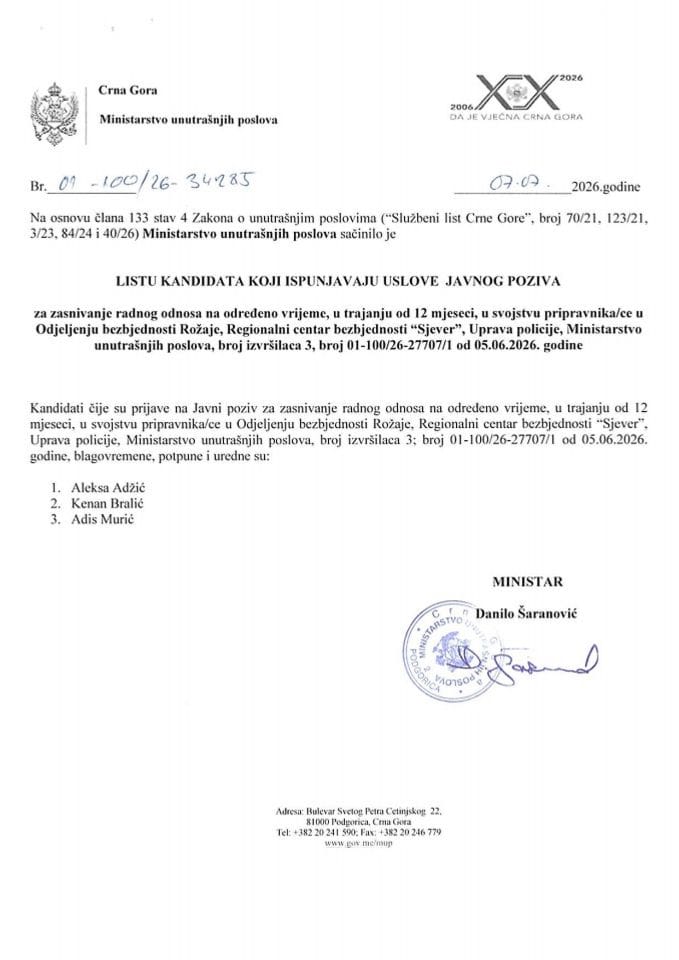 Lista kandidata koji ispunjavaju uslove javnog poziva za zasnivanje radnog odnosa na određeno vrijeme u trajanju od 12 mjeseci u svojstvu pripravnika/ce u Odjeljenju bezbjednosti Rožaje