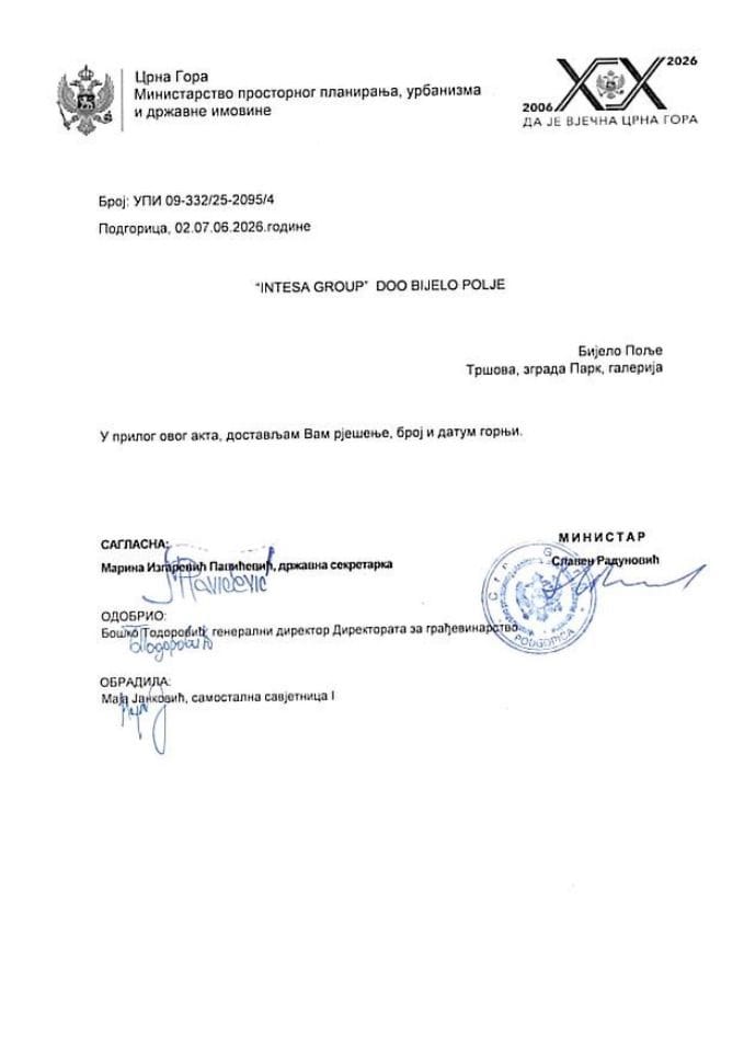 Licence projektanata i izvođača radova - UPI_09_332_25_2095_4 INTESA GROUP DOO BIJELO POLJE
