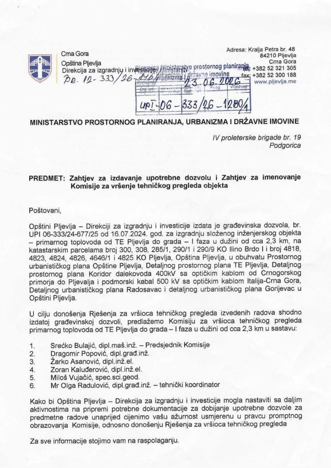 Zahtjevi za izdavanje upotrebne dozvole - UPI 06_333_26_1280_1 OPŠTINA PLJEVLJA
