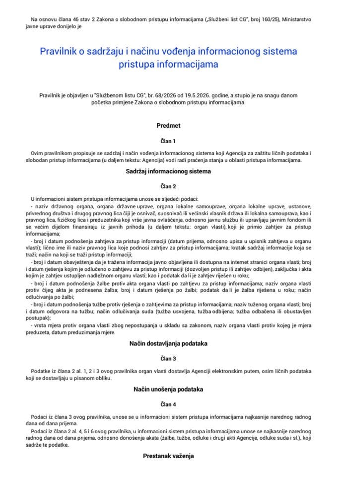 Pravilnik o sadrzaju i nacinu vodjenja informacionog sistema pristupa informacijama