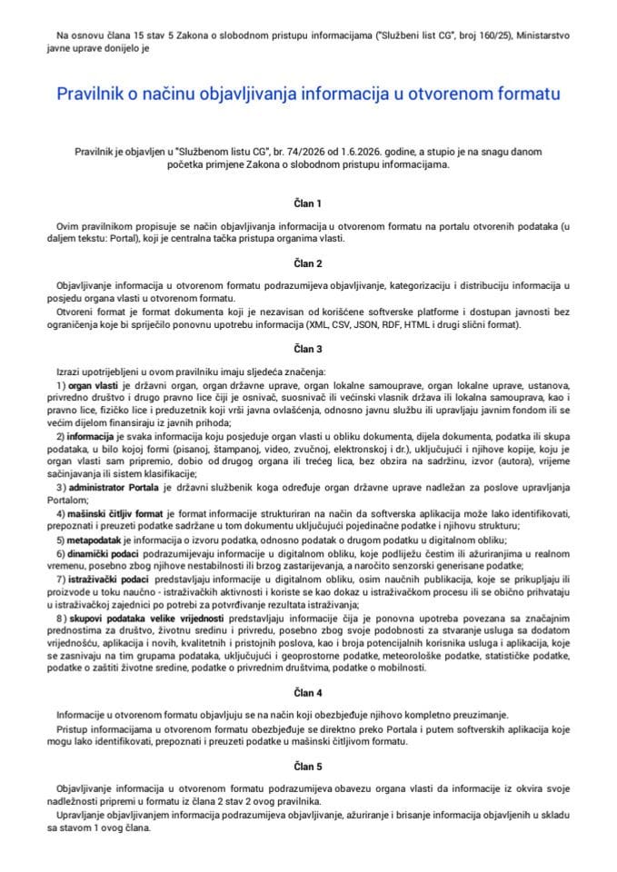 Pravilnik o nacinu objavljivanja informacija u otvorenom formatu