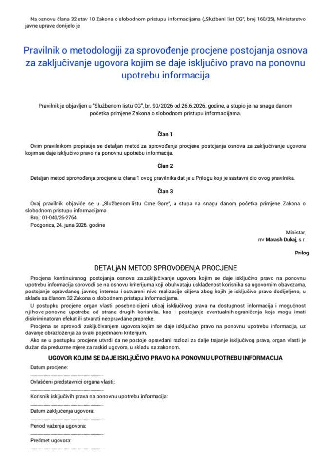 Pravilnik o metodologiji za sprovođenje procjene postojanja osnova za zaključivanje ugovora kojima se daje isključivo pravo na ponovnu upotrebu informacija