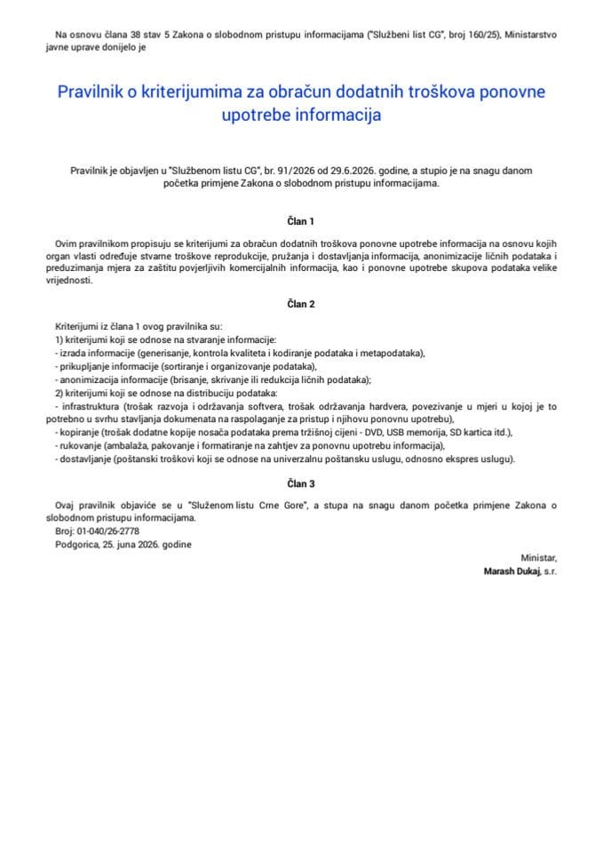 Pravilnik o kriterijumima za obračun troškova ponovne upotrebe informacija