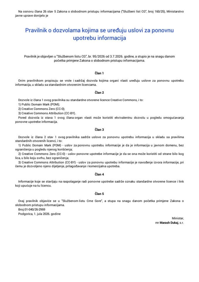 Pravilnik o dozvolama kojima se uređuju uslovi za ponovnu upotrebu informacija