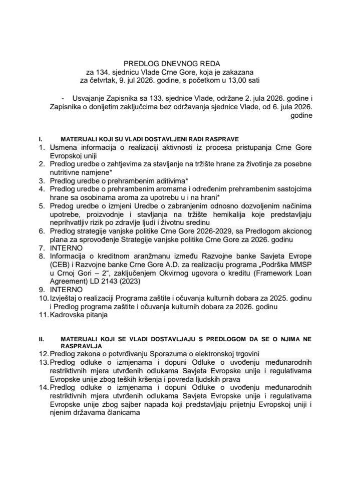 Predlog dnevnog reda za 134. sjednicu Vlade Crne Gore