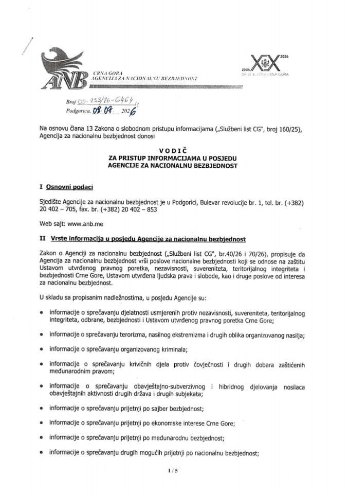 Vodič za pristup informacijama u posjedu Agencije za nacionalnu bezbjednost