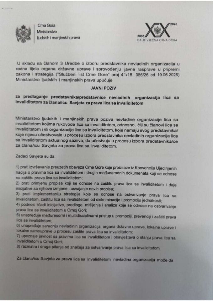 JAVNI POZIV za predlaganje predstavnika/predstavnice nevladinih organizacija lica sa invaliditetom za člana/icu Savjeta za prava lica sa invaliditetom