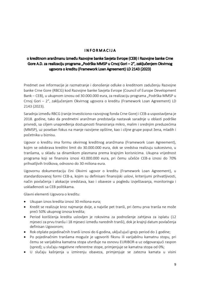Informacija o kreditnom aranžmanu između Razvojne banke Savjeta Evrope (CEB) i Razvojne banke Crne Gore A.D. za realizaciju programa „Podrška MMSP u Crnoj Gori – 2“, zaključenjem Okvirnog ugovora o kreditu (Framework Loan Agreement) LD 2143 (2023)