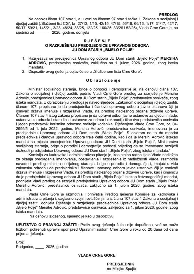 Predlog za razrješenje predsjednice Upravnog odbora JU Dom starih “Bijelo Polje”