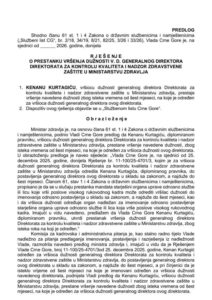 Predlog za prestanak vršenja dužnosti v. d. generalnog direktora Direktorata za kontrolu kvaliteta i nadzor zdravstvene zaštite u Ministarstvu zdravlja