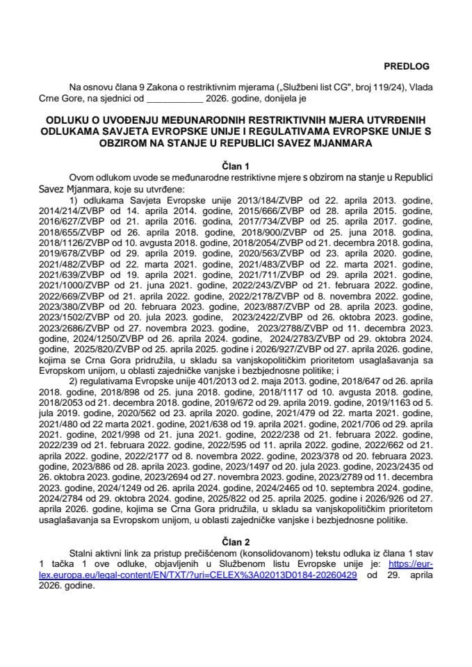 Predlog odluke o uvođenju međunarodnih restriktivnih mjera utvrđenih odlukama Savjeta Evropske unije i regulativama Evropske unije s obzirom na stanje u Republici Savez Mjanmara