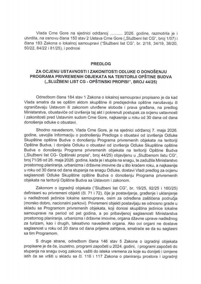 Predlog za ocjenu ustavnosti i zakonitosti Odluke o donošenju Programa privremenih objekata na teritoriji opštine Budva („Službeni list CG - opštinski propisi“, broj 44/25)