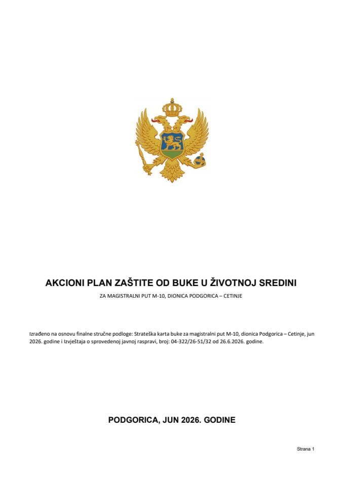 Predlog akcionog plana zaštite od buke u životnoj sredini za magistralni put M-10, dionica Podgorica-Cetinje
