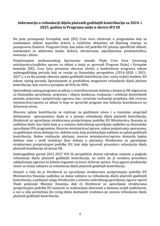 Informacija o refundaciji dijela plaćenih godišnjih kontribucija za 2024. i 2025. godinu iz Programa unije u okviru IPA III s Predlogom ugovora