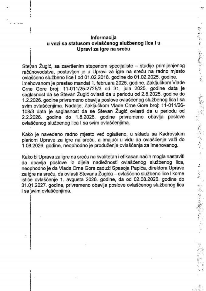 Informacija u vezi sa statusom ovlašćenog službenog lica I  u Upravi za igre na sreću