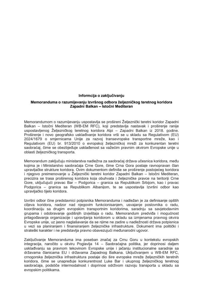 Informacija o zaljučivanju Memoranduma o razumijevanju Izvršnog odbora željezničkog teretnog koridora Zapadni Balkan - Istočni Mediteran s Predlogom memoranduma