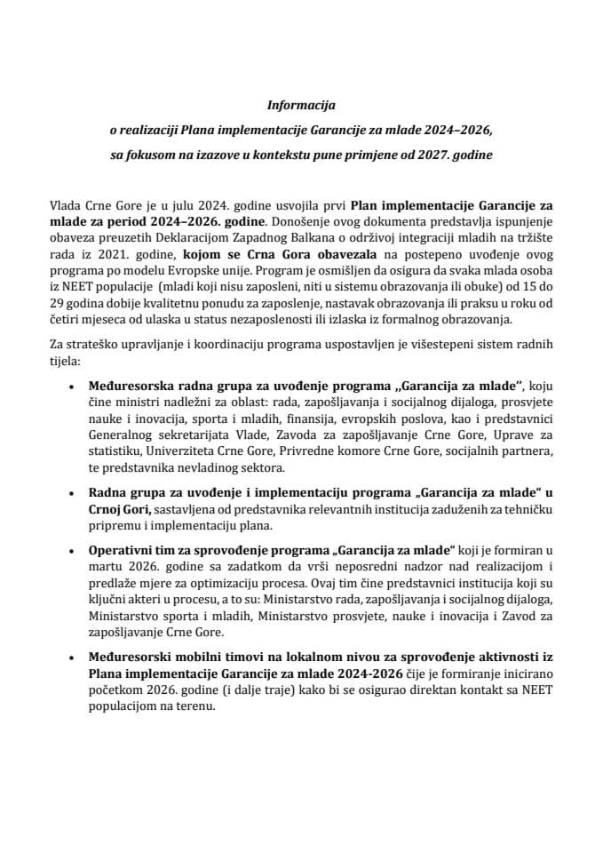 Informacija o realizaciji Plana implementacije Garancije za mlade 2024-2026, sa fokusom na izazove u kontekstu pune primjene od 2027. godine