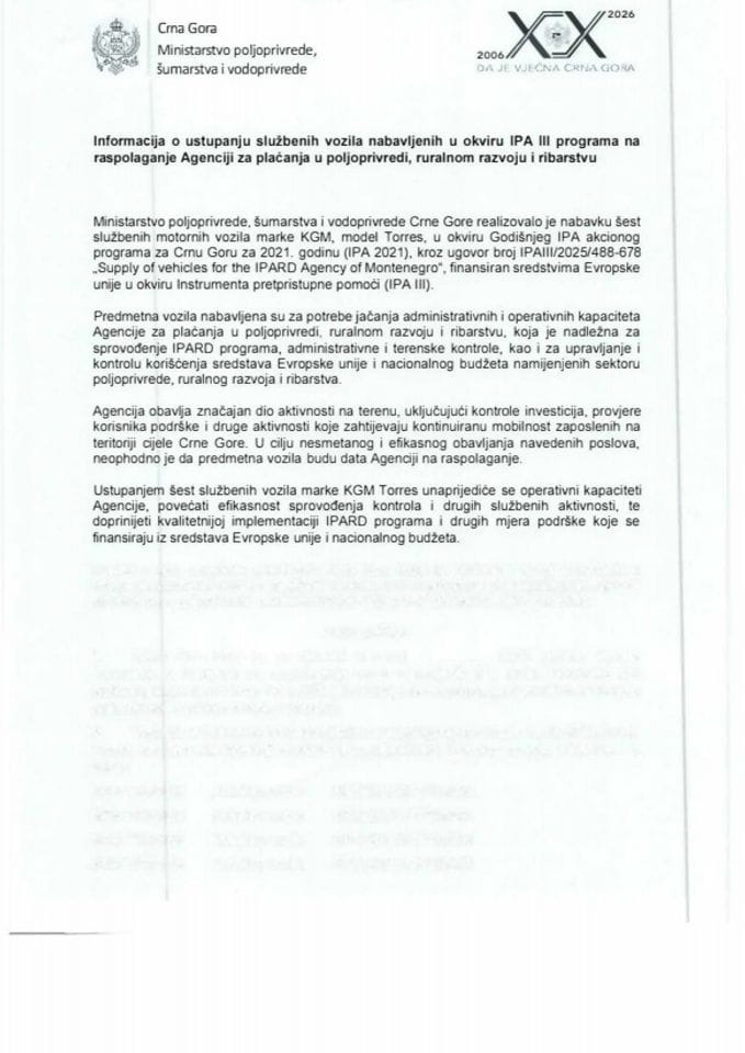 Informacija o ustupanju službenih vozila nabavljenih u okviru IPA III programa na raspolaganje Agenciji za plaćanja u poljoprivredi, ruralnom razvoju i ribarstvu