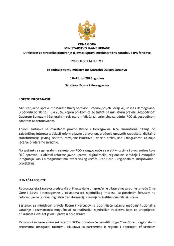 Predlog platforme za radnu posjetu ministra javne uprave, mr Marasha Dukaja, Sarajevu, Bosna i Hercegovina, 10-11. jul 2026. godine
